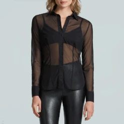 Commando Chic Mesh Button Down Shirt In Black