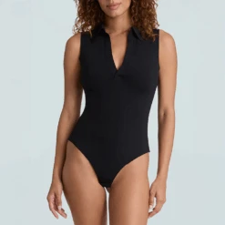 Commando Neoprene Sleeveless V-Neck Polo Bodysuit Black