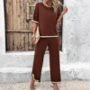Contrast Trim Ribbed Knit Lounge Set Brown 2 Contrast Trim Ribbed Knit Lounge Set Brown -Fashion Lingerie Store EPrettyContrastTrimRibbedKnitLoungeSetZ25 SET48020Brown