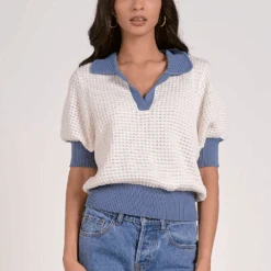 ELAN Blue Collar Short Sleeve Sweater