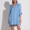 ELAN Button Down Shimmer Stripe Cover Up Shirt Dress Blue 2 ELAN Button Down Shimmer Stripe Cover Up Shirt Dress Blue -Fashion Lingerie Store ElanButtonDownShimmerStripeCoverUpShirtDressCTS10542Blue 2