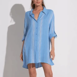 ELAN Button Down Shimmer Stripe Cover Up Shirt Dress Blue