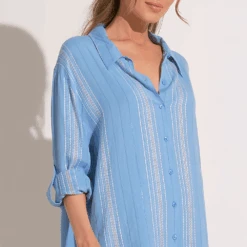 ELAN Button Down Shimmer Stripe Cover Up Shirt Dress Blue -Fashion Lingerie Store ElanButtonDownShimmerStripeCoverUpShirtDressCTS10542Blue 3