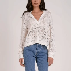 ELAN Collared Oversized Crocheted Sweater White