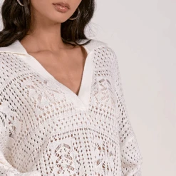 ELAN Collared Oversized Crocheted Sweater White -Fashion Lingerie Store ElanCollaredOversizedCrochetedSweaterSWC11205White 3