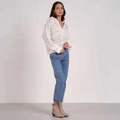 ELAN Collared Oversized Crocheted Sweater White -Fashion Lingerie Store ElanCollaredOversizedCrochetedSweaterSWC11205White 4