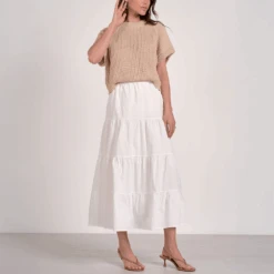 ELAN Tiered Sweater Maxi Dress White/Tan