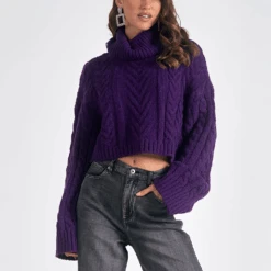 ELAN Turtleneck Cable Sweater Purple