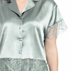 Satin & Lace Short Sleeve Button Front Shorty Sage 9 Satin & Lace Short Sleeve Button Front Shorty Sage -Fashion Lingerie Store InBloomSatin LaceShortSleeveButtonFrontShortyJON041Sage 1