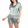 Satin & Lace Short Sleeve Button Front Shorty Sage -Fashion Lingerie Store InBloomSatin LaceShortSleeveButtonFrontShortyJON041Sage 2