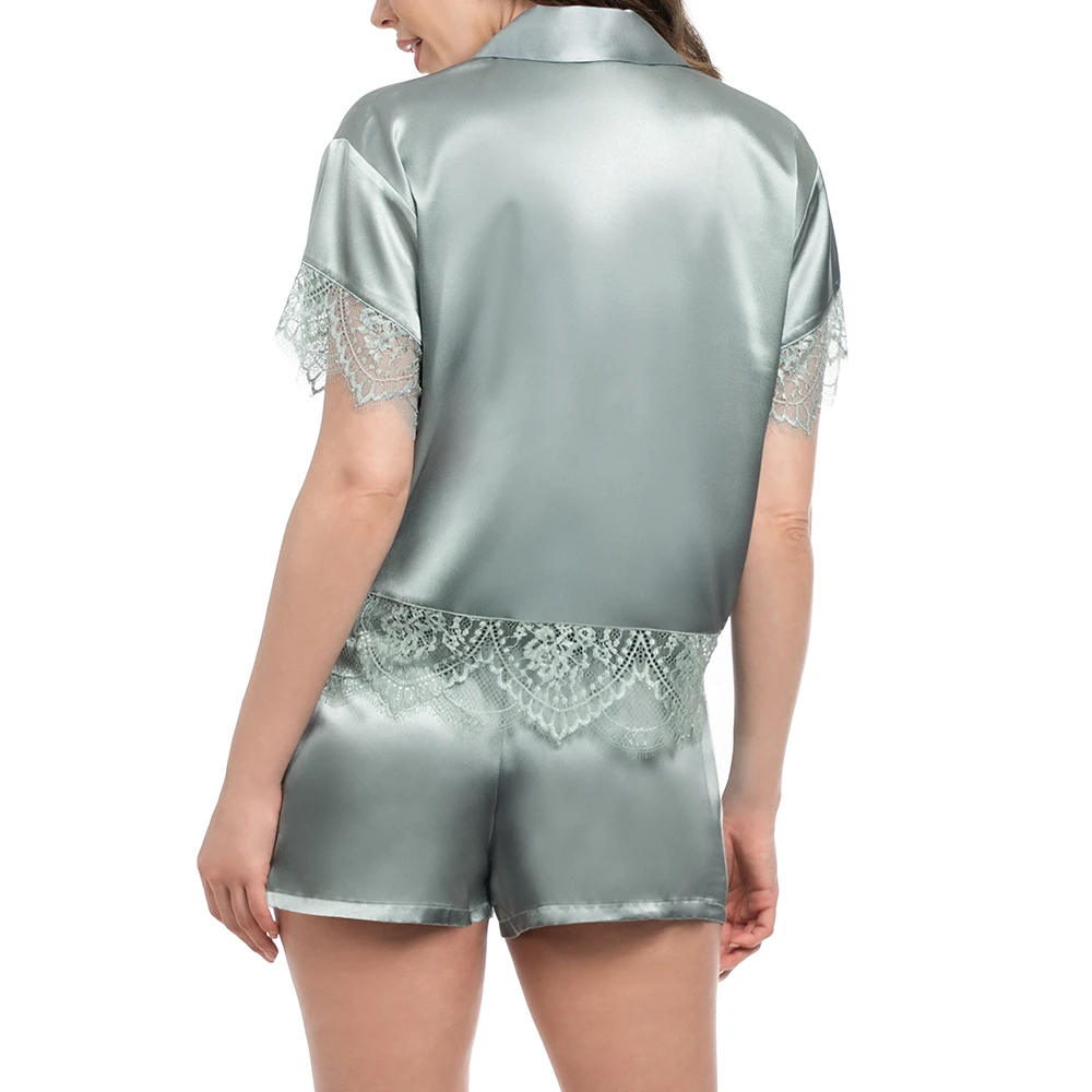 Satin & Lace Short Sleeve Button Front Shorty Sage 4 Satin & Lace Short Sleeve Button Front Shorty Sage - Image 2
