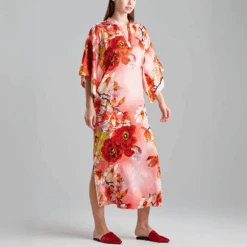 Winter Peony Satin Mandarin Caftan Coral Peach