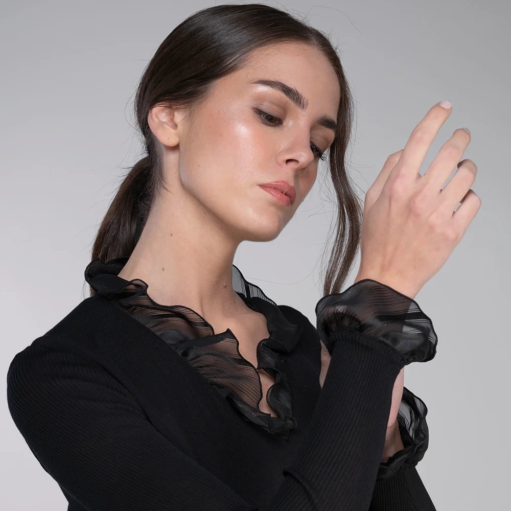 Wool And Silk Long Sleeves Shirt With Chiffon Black 5 Wool And Silk Long Sleeves Shirt With Chiffon Black - Image 3