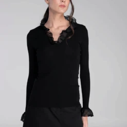 Wool And Silk Long Sleeves Shirt With Chiffon Black