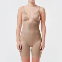 Spanx Suit Your Fancy Plunge Low-Back Mid-Thigh Bodysuit Beige